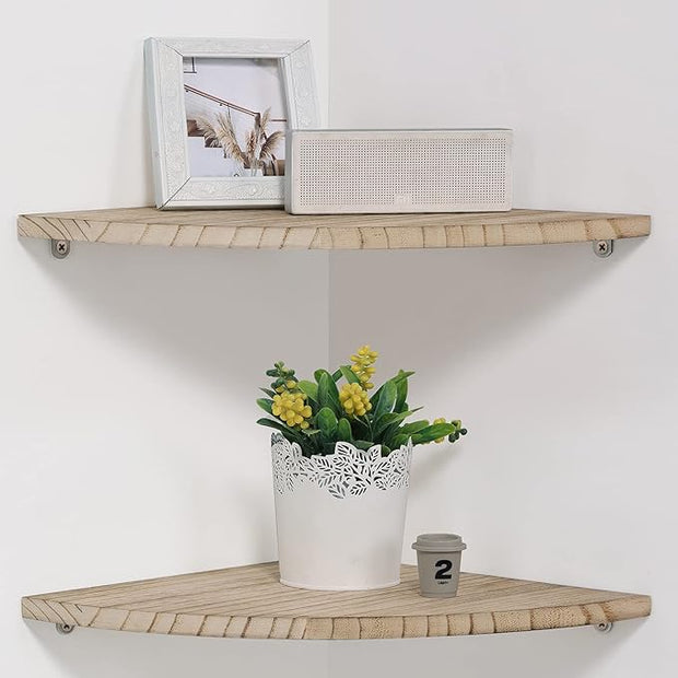 10 inch Corner Wall Shelf, Set of 2 Solid Wood Corner Floating Shelves for Wall, Round End Wall Mounted Floating Corner Shelf for Bedroom, Living Room and Kitchen (Carbonized-10 inch)