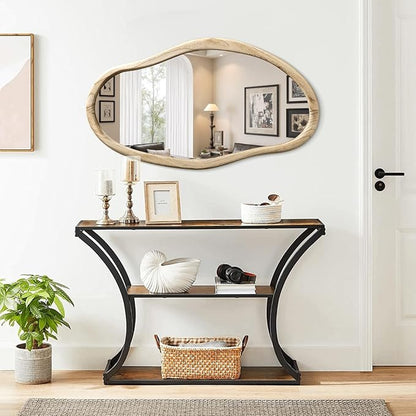 JJUUYOU Irregular Wood Mirror Asymmetrical Bathroom Wall Mounted Mirror 34"x22" Large Horizontal or Vertical Hanging Wall Mirrors for Makeup Bedroom Living Room Wood