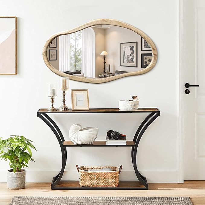 JJUUYOU Irregular Wood Mirror Asymmetrical Bathroom Wall Mounted Mirror 34