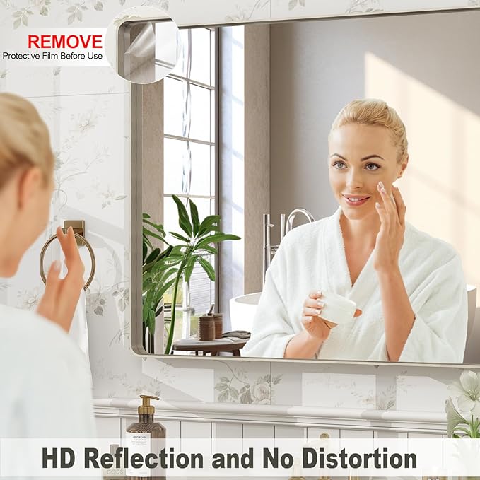 60x28 Inch Brushed Nickel Bathroom Mirror, Large Brushed Silver Metal Framed Wall Mirror, Rounded Corner Rectangle Modern Vanity Mirror, Tempered Glass, Anti-Rust, Shatterproof (Horizontal/Vertical)