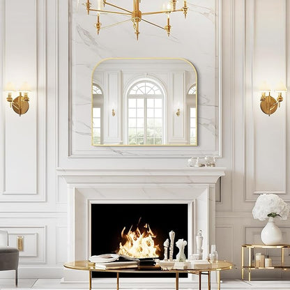 Modern Large Wall Mirror, Modern Mantel Minimalist Home Decor, Brushed Gold Metal Framed Arched Mirror for Living Room, Bedroom, Fireplace, Mantle, Entryway, Bathroom, 36" x 30", Gold