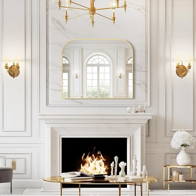 Modern Large Wall Mirror, Modern Mantel Minimalist Home Decor, Brushed Gold Metal Framed Arched Mirror for Living Room, Bedroom, Fireplace, Mantle, Entryway, Bathroom, 36