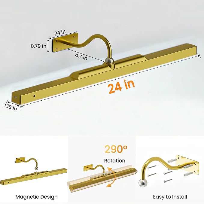 2 Pack Picture Art Lights - 24 Inch Gold Cordless Battery Powered Art Light with Dimmable Remote for Living Room, Artwork & Dartboard