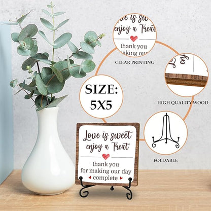 Romantic Decor Wooden Plaque, Love Is Sweet Enjoy A Treat Table Sign With 1 Iron Support For Wedding Party Dessert Table, Wedding Party Bridal Shower Anniversary Valentine's Day Party Decor