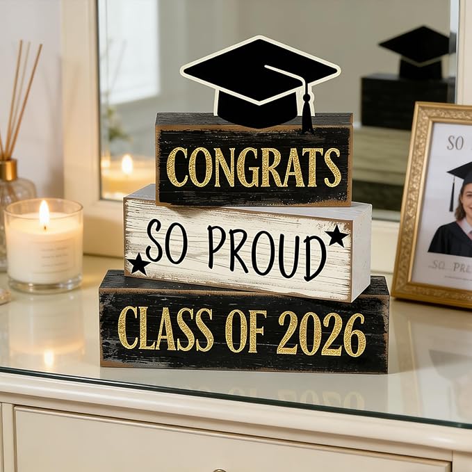 2026 Graduation Table Decorations Class of 2026 Senior Tiered Tray Decor Wooden Cap Block Signs Farmhouse Congrats Grad Tabletop Party Centerpiece for Tables Wooden Sign for Home Decor