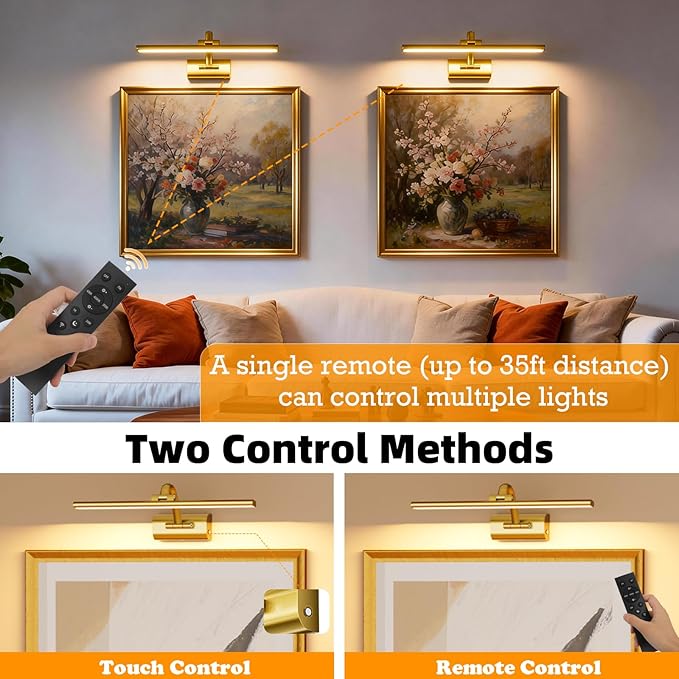 Picture Lights for Wall, 8000mAh Rechargeable Battery Operated Picture Light with Remote, 23.6" Dimmable 3 Colors Wireless Art Lighting for Paintings Picture Frame Gallery Dartboard, Brass