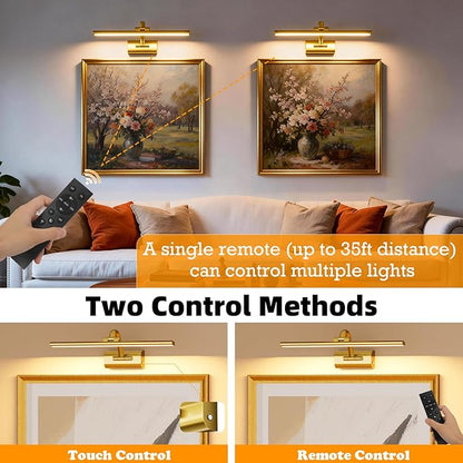 Picture Lights for Wall, 8000mAh Rechargeable Battery Operated Picture Light with Remote, 23.6" Dimmable 3 Colors Wireless Art Lighting for Paintings Picture Frame Gallery Dartboard, Brass