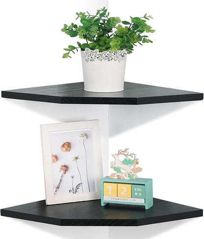 Joiishom Wood Corner Wall Shelves Set of 2, Solid Wood Corner Floating Shelves, Round End Wall Mounted Floating Corner Shelf for Bedroom, Living Room and Kitchen (Black-12 inch)