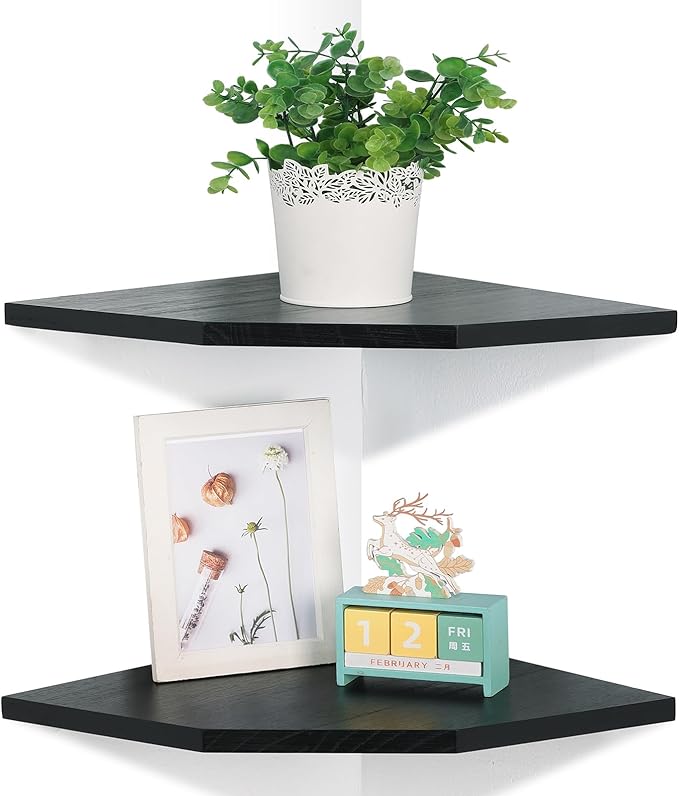 Corner Wall Shelves Set of 2, Rustic Wood Corner Floating Shelves with Cable Raceway, Wall Mount Storage Display for TV Accessories, Baby Monitor, Speaker, Cable Box (Black, Diamond- 12 Inch)
