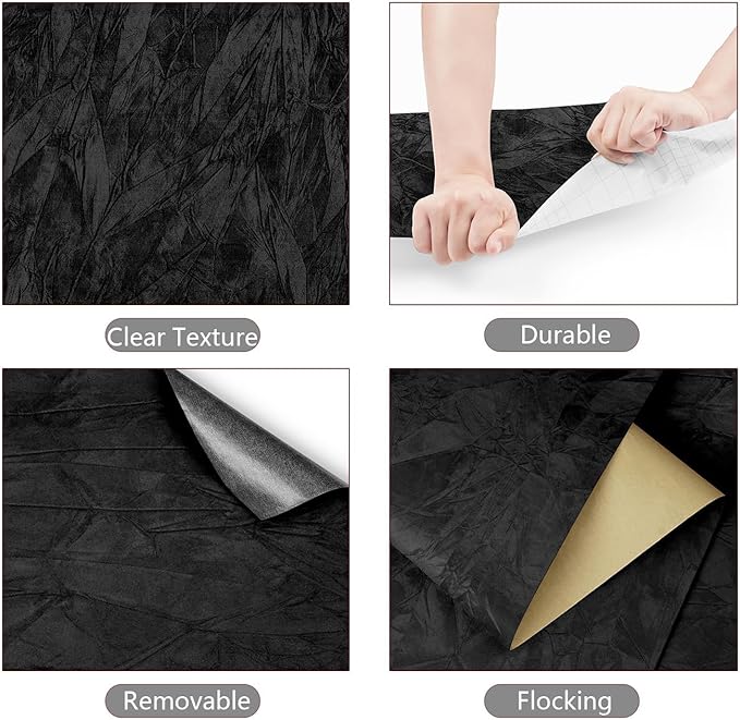 YENHOME Black Velvet Textured Peel and Stick Wallpaper Vintage Crinkle Velvet Fabric Self Adhesive Removable Wall Covering for Bedroom Accent Walls Drawer Liners Dresser Cabinets 17.7