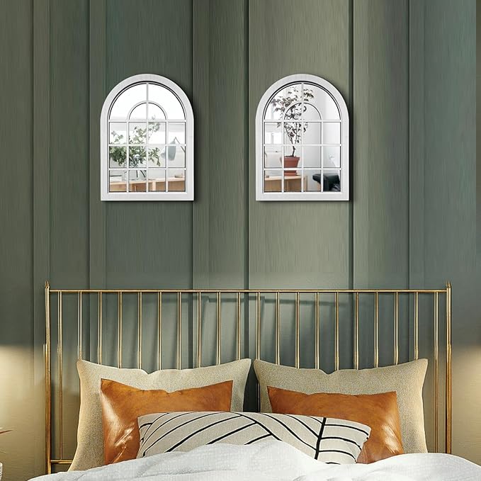 ZEXUIRU 2PCS Arched Window Wall Mirror,Rustic Farmhouse Accent Mirror, Wood Framed Entry Mirror for Living Room,Bathroom,Bedroom,Kitchen,15.7x11.8 Inches