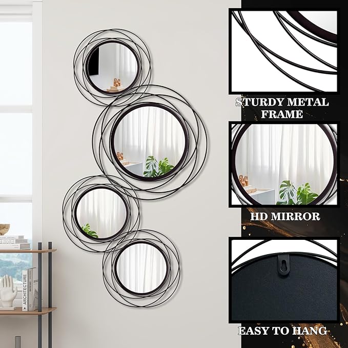 Cityelf 4 Set Mixed Size Black Circle Mirrors Wall Decor Iron Frame Wall Art Round Mirror Home Decor Hanging for Living Room/Bedroom/Bathroom/Entryway