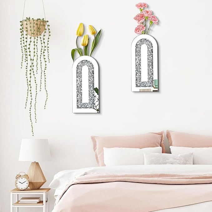 Crushed Diamond Mirrored Wall Decor Vase Crystal Silver Mirror Flower Vase Stunning Decor Glass Hanging Planter for Home Decor Living Room Dining Bedroom Hallway Wall Decor.Can't Hold Water(2 Set)