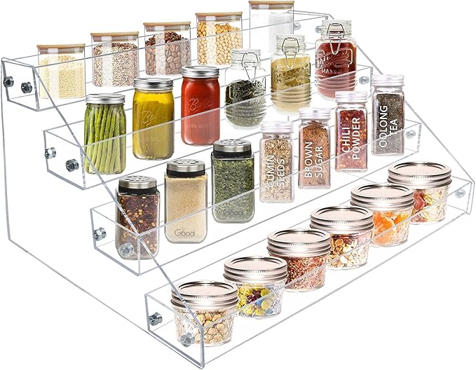 VAEHOLD Acrylic Spice Rack Organizer, 4 Tier Clear Vertical Rack for Cabinet & Countertop (4 Tier 12'L)