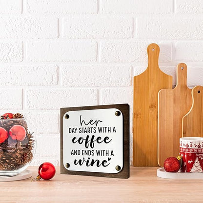 Coffee Wine Sign, Funny Wood Sign, Wooden Box Signs Decors Art, Farmhouse Decor for Shelf, Home Decor Accent, Gift for Her, Her Day Starts With A Coffee and Ends With A Wine Signs