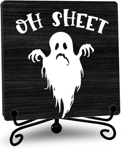 Halloween Bathroom Decor, Oh Sheet Wooden Sign for Home Restroom Desk Shelf, Spooky Ghost Table Centerpieces for Washroom Accessories - A10
