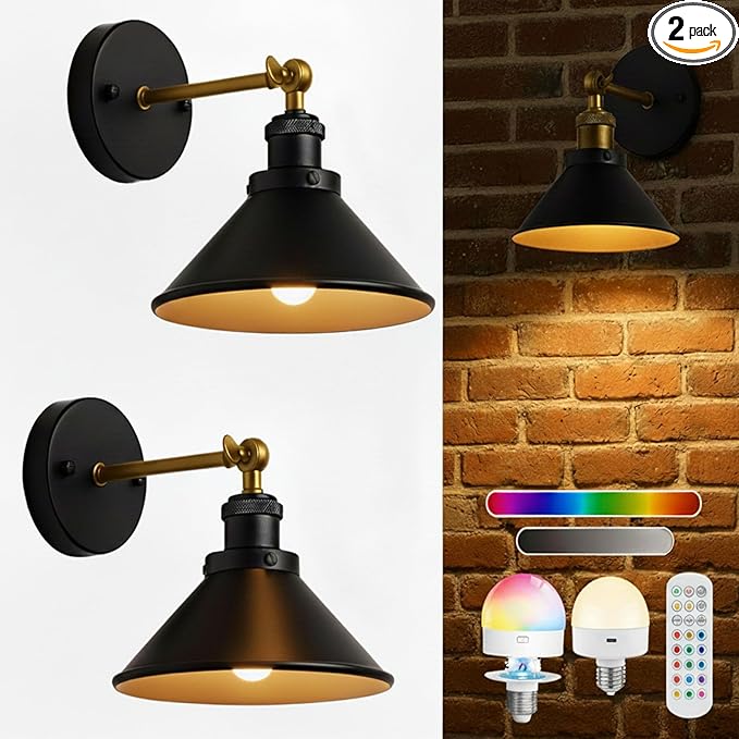 Black Gold Vintage Wireless Battery Operated Wall Sconces — Cordless Battery Powered LED Wall Lights Set of 2, Wall Lamp with Remote, Indoor Wall Lamp Fixture for Gallery, Bedroom, Farmhouse