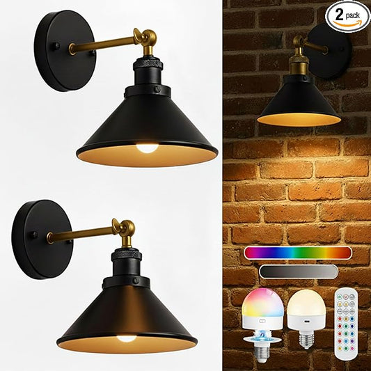 Black Gold Vintage Wireless Battery Operated Wall Sconces — Cordless Battery Powered LED Wall Lights Set of 2, Wall Lamp with Remote, Indoor Wall Lamp Fixture for Gallery, Bedroom, Farmhouse