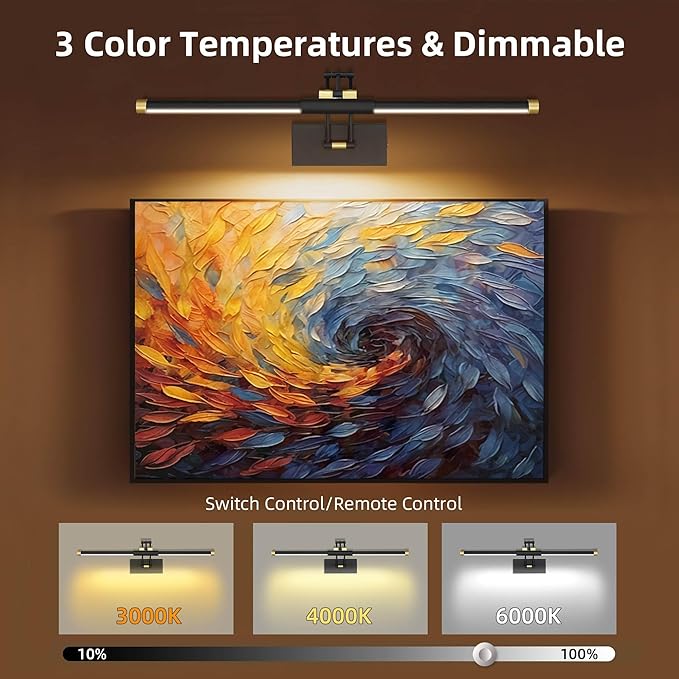 24“ Picture Lights for Wall, 8000mAh Rechargeable Wireless Picture Light with Remote, LED Wall Lights 3000K/4000K/6000K Dimmable, Art Lighting for Paintings Frame Gallery Dartboard, Black Gold