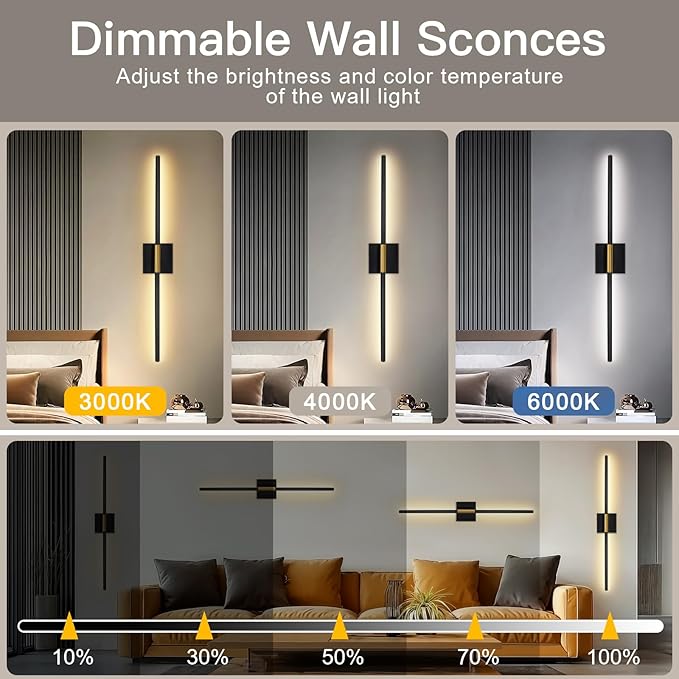 Battery Operated Wall Sconces Set of Two, Battery Wall Sconce with Remote Control, Black Gold Modern LED Rechargeable Wireless Sconces, Wall Lights for Bedroom, Living Room, 2Pack, 31.5Inch