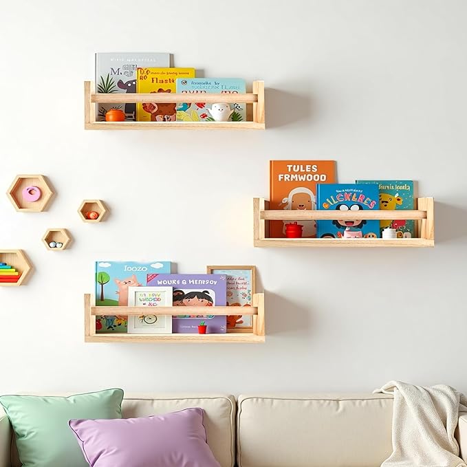 3 Pack Nursery Shelves, 16.5 Inch Nursery Book Shelve, Solid Wood Wall Mounted Shelve for Books, Floating Shelves for Wall Books Living Room Kids Room Decor(Natural Wood)