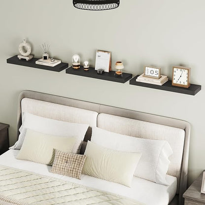 Floating Shelves for Wall, 1.5" Thick Wall Shelf Set of 3 with Invisible Brackets, 23.6L x 7.9W Hanging Book Shelves Farmhouse Home Decor for Bathroom, Living Room, Bedroom, Black 6301BJP3BK