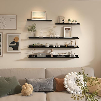 Giftgarden 47 Inch Long Floating Shelves for Wall Set of 5, Black Wood Wall Shelves for Bathroom, Bedroom, Kitchen, Living Room Storage, Wooden Picture Ledge