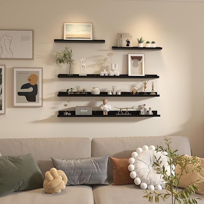 Giftgarden 47 Inch Long Floating Shelves for Wall Set of 5, Black Wood Wall Shelves for Bathroom, Bedroom, Kitchen, Living Room Storage, Wooden Picture Ledge