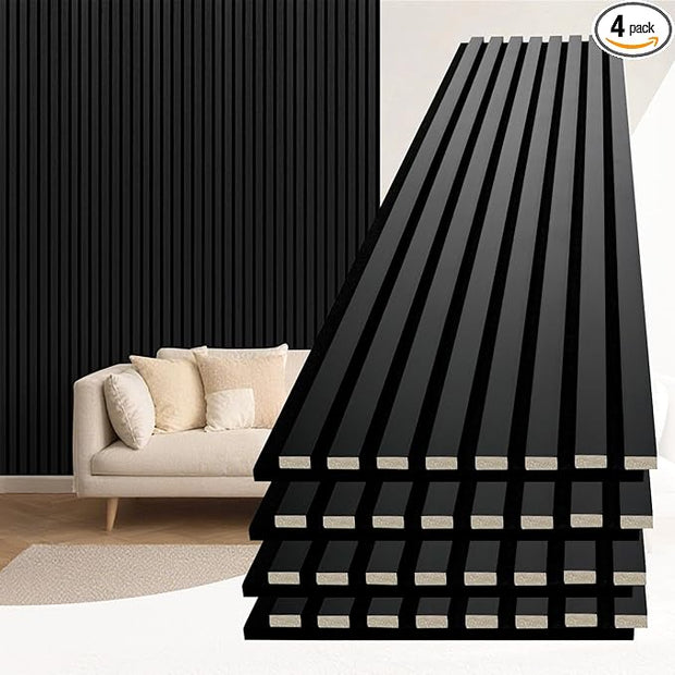 Art3d 4-Piece 94 x 12.6 Inch Acoustic Lightweight Slat Wall Panel - Waterproof Wood Textured Wainscoting Panel of 33 Sq.Ft for Bedroom, Home Theater Office Accent Wall, Matte Black