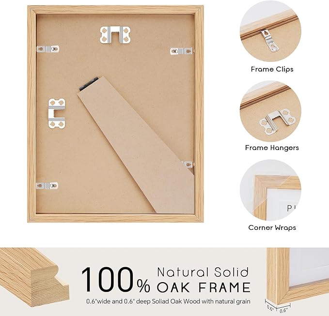 puthiac 8x12 Solid Oak Wood Picture Frame, Fits 6x8 with Mat or 8x12 Without Mat, Wall or Tabletop Display with Stand, Vertical or Horizontal, Plexi Front, 1 Pack, Natural Oak