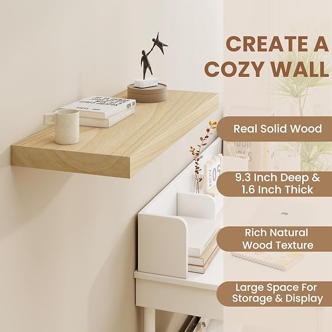 48" Solid Wood Floating Shelves, 9.3 Inch Deep Floating Shelves for Wall, Rustic Wooden Shelves for Wall Decor, Large Fireplace Mantel for Storage, Deep Floating Shelf Set of 1, Burlywood