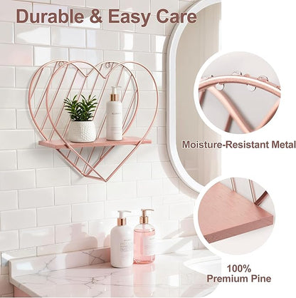 Afuly Floating Shelves for Wall, Cute Heart Wall Shelf Pink Funky Organizer Small Hanging Trinket Storage Aesthetic Room Decor for Bedroom Bathroom Hallway Entryway Vanity, Rose Gold