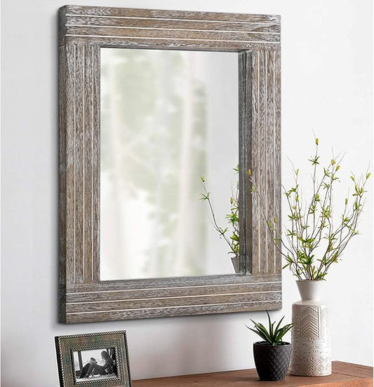 Wall Mirror Rustic Wooden Frame Rectangle Mirror Vintage Hanging Mirror for Bedroom Bathroom Living Room Farmhouse Wall Decor Large 26" x 18"