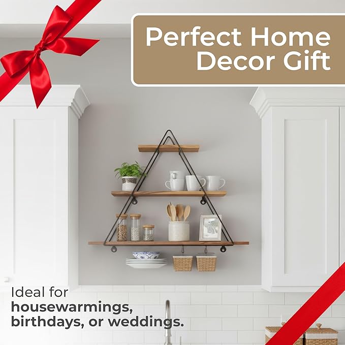 Triangle Decorative Wall Shelf – 3-Tier Metal & Wood Home Decor Floating Display Shelf – Modern Wall Shelves for Bathroom, Bedroom & Living Room – Brown & Black, 20"