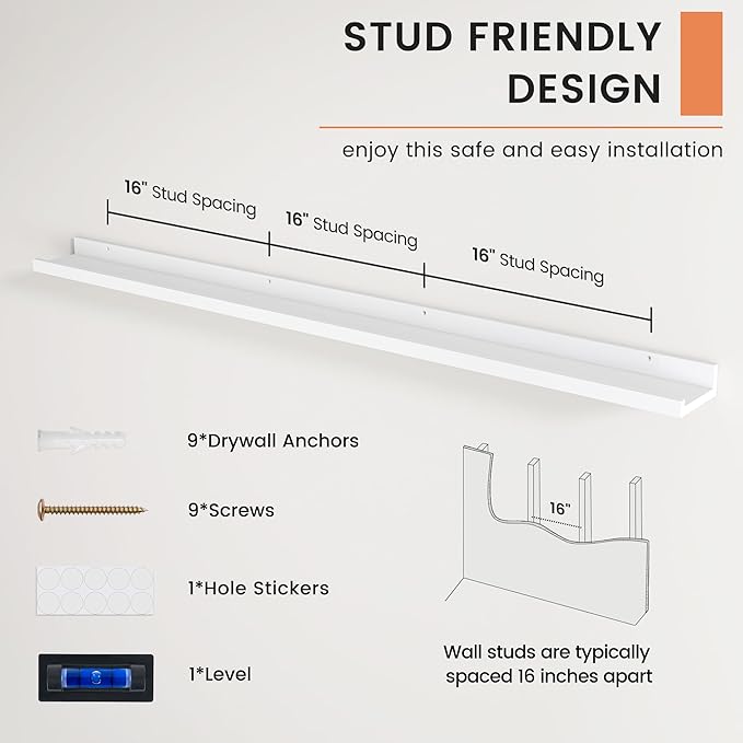 Picture Ledge Shelf, Floating Shelves Set of 2, 56 Inches Long Large Nursery Book Shelves for Toys Storage, Kids Bookshelf Wall Mounted for Living Room Bedroom Decor Books Photo Frames, White