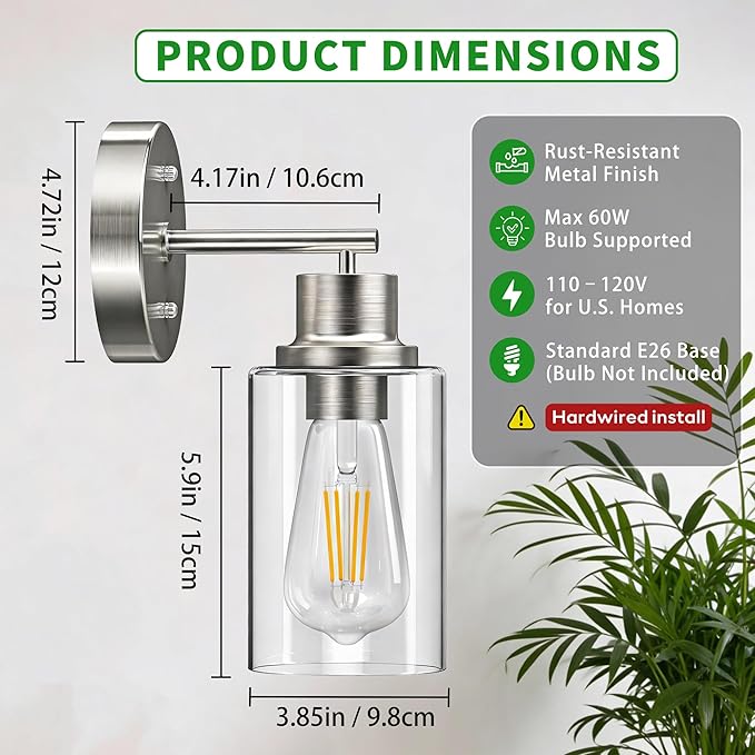 1-Light Bathroom Wall Sconce with Clear Glass Shade, Modern Vanity Light Fixture Over Mirror for Bathroom, Bedroom, Hallway, Living Room-Brushed Nickel