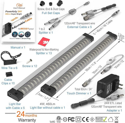 LED Under Cabinet Lighting Touch Under Counter Lights for Kitchen Built-in Adjustable Cable No Messy Wires! 6 Pcs Cabinet Light 6500K 2700Lm 5 External-Cable for Garage Pantry Closet Timer Smart Plug