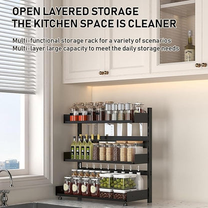 3-Tier Spice Rack Organizer with Knife Holder, Black Metal Counter Storage Shelf, 15.75x15.5x6.69 Inch, Adjustable Height, Detachable Design