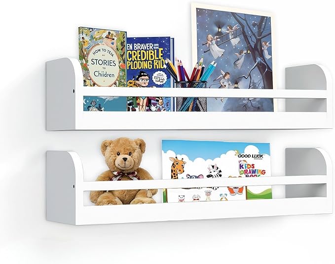 Floating Nursery Book Shelves, 16.5 inch Wall Book Shelves Kids Room, Set of 2 Baby Shelves for Nursery Décor, Ideal Wooden Nursery Shelves for Teens Kids Room, Bedroom Bathroom and Kitchen (White)