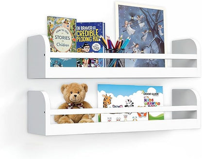 Floating Nursery Book Shelves, 16.5 inch Wall Book Shelves Kids Room, Set of 2 Baby Shelves for Nursery Décor, Ideal Wooden Nursery Shelves for Teens Kids Room, Bedroom Bathroom and Kitchen (White)