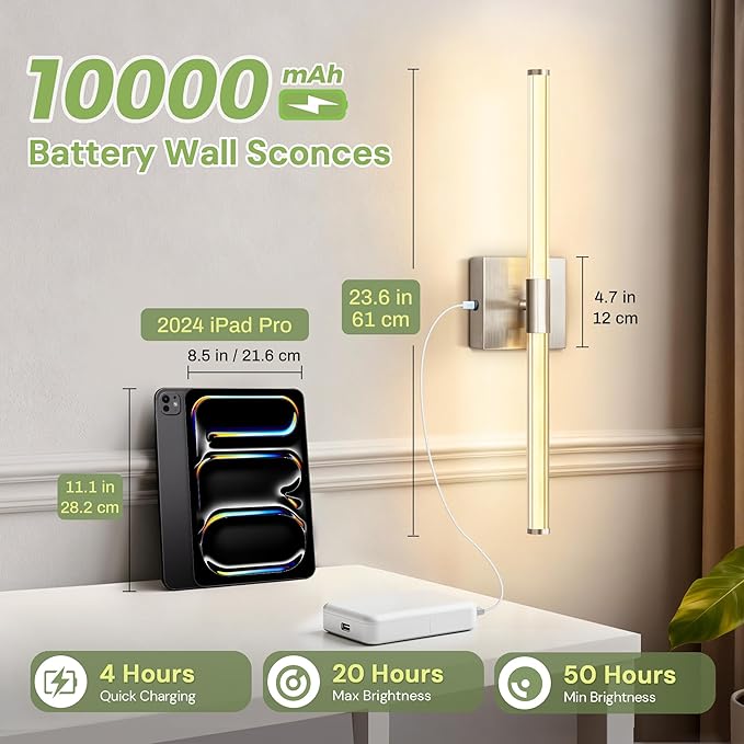 L LOHAS LED Battery Operated Wall Sconce Set of 2, 10000mAh Nickel Battery Wall Sconce 360 Full Lighting, 3000K Dimmable Wireless Wall Light, Sconce Wall Decor for Bathroom, Bedroom, Living Room, 24in