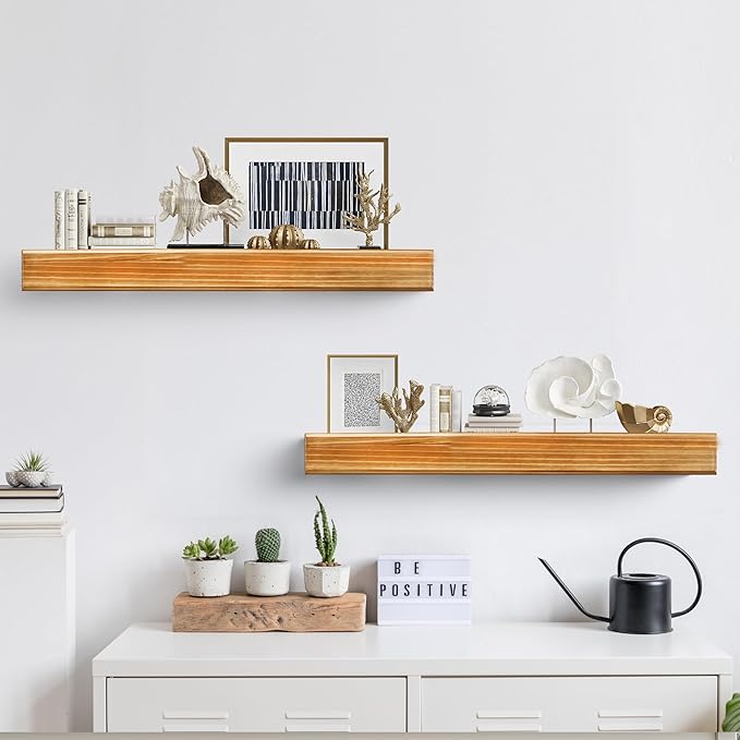 32 Inch Picture Ledge Shelf with Lip,Floating Shelves for Wall, Set of 2 Solid Pine Wood Shelves with Invisible Brackets, Wall Storage for Living Room, Bedroom, Kitchen, Bathroom(Carbonized Brown)