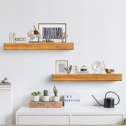 32 Inch Picture Ledge Shelf with Lip,Floating Shelves for Wall, Set of 2 Solid Pine Wood Shelves with Invisible Brackets, Wall Storage for Living Room, Bedroom, Kitchen, Bathroom(Carbonized Brown)