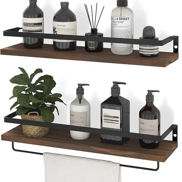 Floating Shelves for Wall, Bathroom Shelves with Towel Bar, Wall Mounted Storage Shelves for Kitchen, Bathroom, Set of 2 Brown