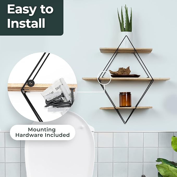 Greenco Geometric Diamond Shaped 3 Tier Mounted Floating Shelves, Rustic Wood Wall Storage Shelves for Bedroom, Living Room, Bathroom, Kitchen, Office, Natural Finish