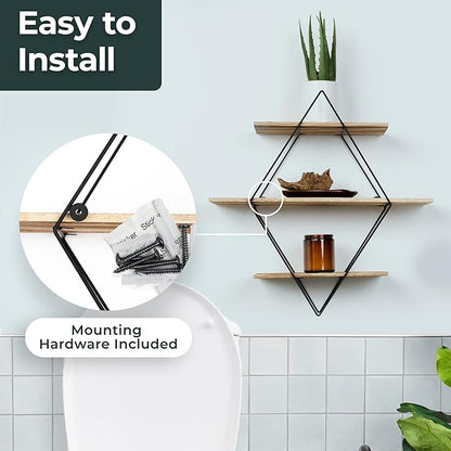 Greenco Geometric Diamond Shaped 3 Tier Mounted Floating Shelves, Rustic Wood Wall Storage Shelves for Bedroom, Living Room, Bathroom, Kitchen, Office, Natural Finish