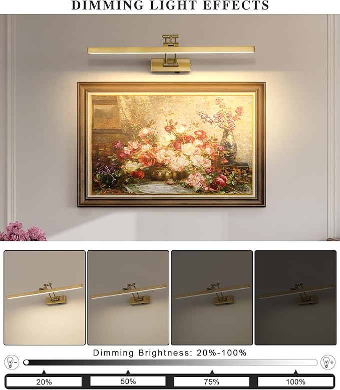 5W LED Wireless Picture Lights with Remote and Timer 23.6'' Inch Rechargeable Brass Gallery Lighting Battery Operated Art Lights Over Frame Portrait