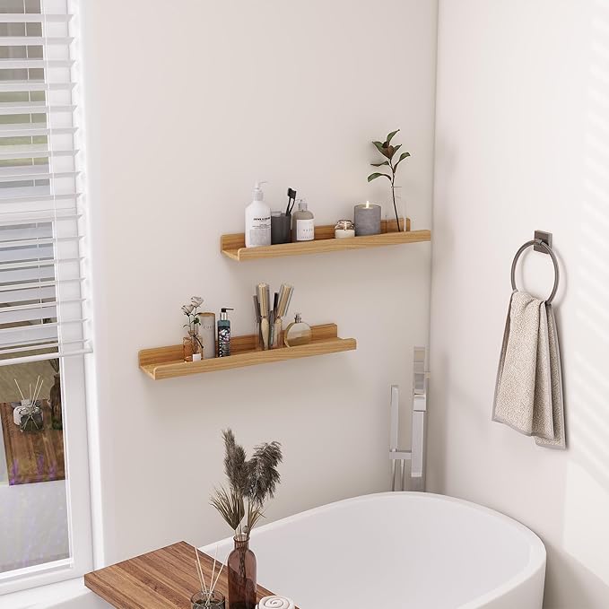 Floating Shelves for Wall - Natural Wood Picture Ledge Shelf Set of 2 - Solid Ash Wood Wall Shelves with Lip - Picture Frame Shelf Nursery Bookshelf