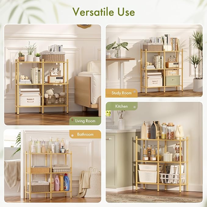 3 Tier Book Shelf, Wide Bamboo Bookshelf, Bookcase with 6 Open Display Shelves, Bookshelves Storage Organizer for Small Place, Standing Shelf Units for Living Room, Bedroom, Bathroom, Office