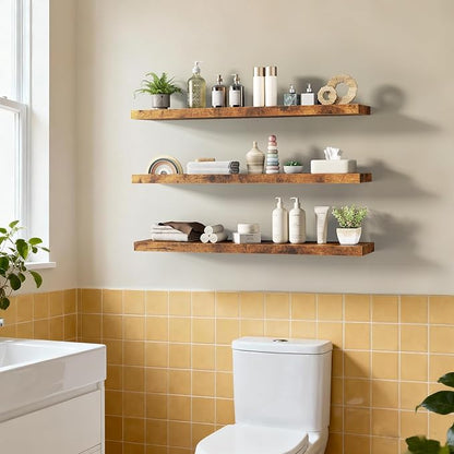 Merapi Set of 3 Floating Shelves 36 Inch Wall Mounted Solid Wood Shelves for Bathroom Kitchen Living Room Bedroom & Office - Brown Natural Wood Texture Easy Installation